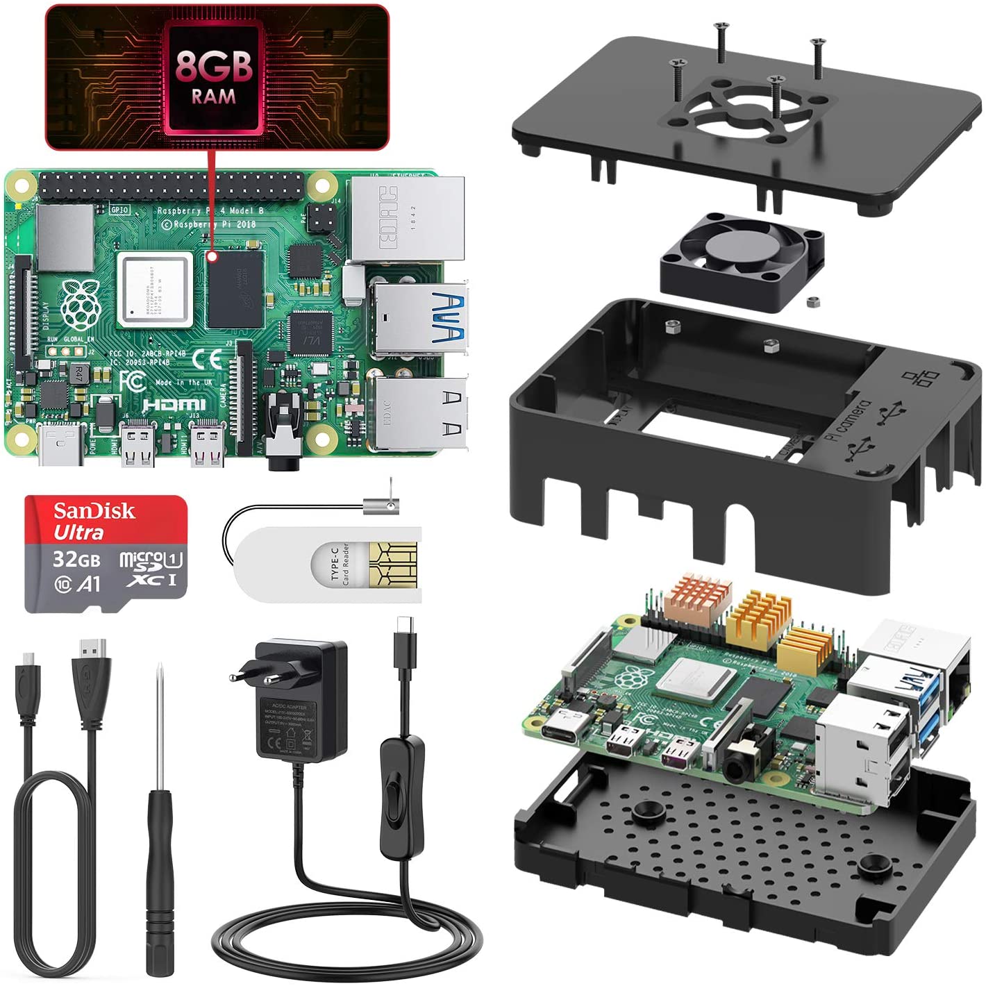 Raspberry Pi 4 kit : boîtier - alimentation - ventilateur - dissipateurs •