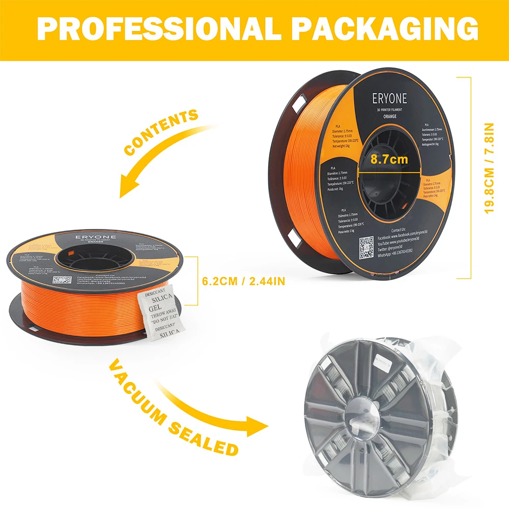 ERYONE PLA Filament for 3D Printer 1.75mm Tolerance 0.03mm 1kg (2.2LBS)/Spool - Orange