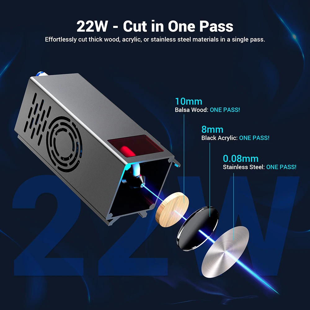 Graveur laser Mecpow X5, puissance laser 22 W, assistance pneumatique automatique, point laser 0,08 x 0,1 mm, vitesse de gravure 28 000 mm/min, verrouillage de sécurité, arrêt d'urgence, détection de flamme, gravure hors ligne, 600 x 600 mm