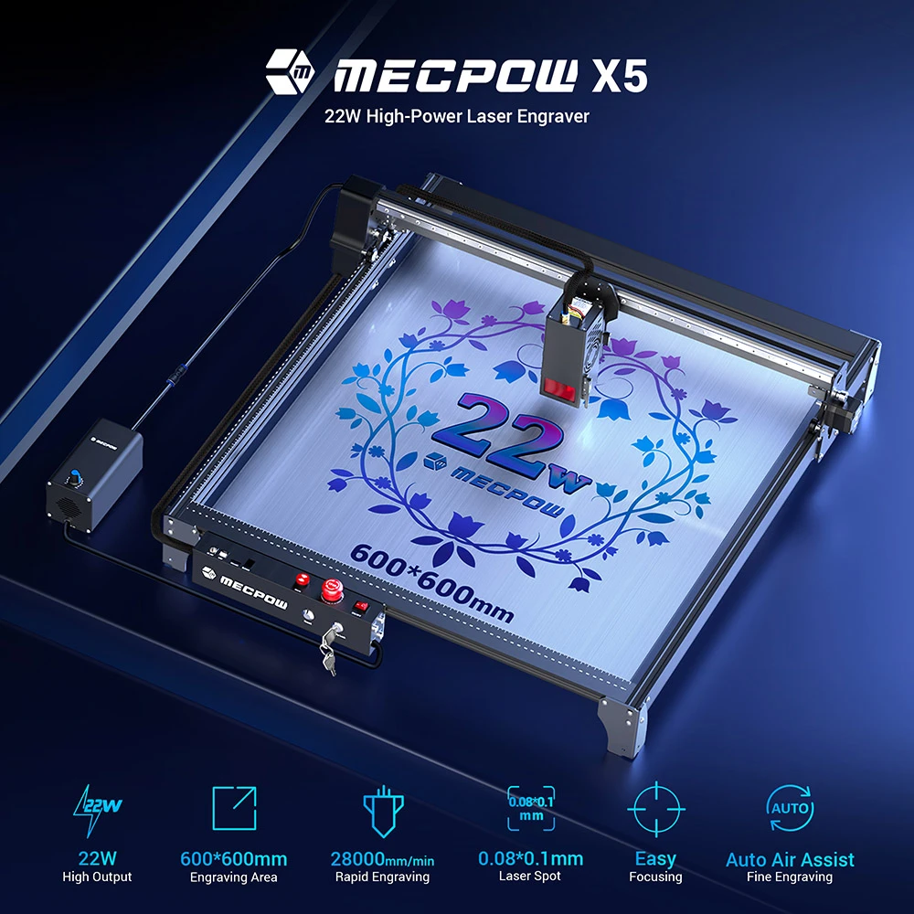 Graveur laser Mecpow X5, puissance laser 22 W, assistance pneumatique automatique, point laser 0,08 x 0,1 mm, vitesse de gravure 28 000 mm/min, verrouillage de sécurité, arrêt d'urgence, détection de flamme, gravure hors ligne, 600 x 600 mm